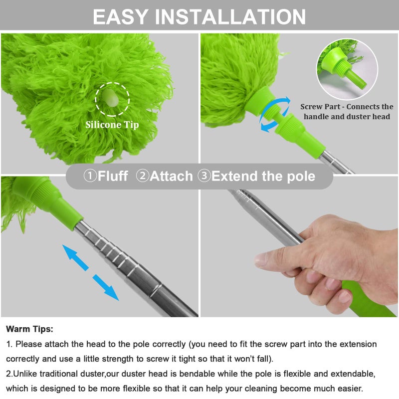 DELUX Microfiber Feather Duster Extendable Duster with 100 inches Extra Long Pole, Bendable Head & Long Handle Dusters for Cleaning Ceiling Fan, High Ceiling, Blinds, Furniture & Cars Green - Image 2